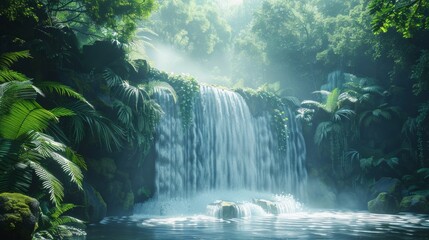 Vivid jungle waterfall in high definition  lush greenery, misty water, long exposure photography - obrazy, fototapety, plakaty