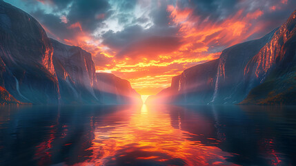 A majestic fjord flanked by towering cliffs, reflecting the hues of a fiery sunset - obrazy, fototapety, plakaty