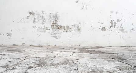 a room with a white wall and a grungy floor