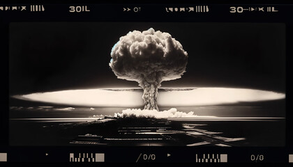 Atomic nuclear bomb explosion produces a catastrophic mushroom cloud, heralding devastation and the possibility of nuclear warfare