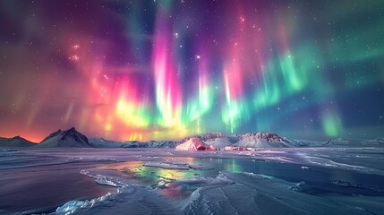 The magical Northern Lights Aurora Borealis dancing across the night sky, creating a spectacular display of colors and movement This natural phenomenon adds a mystical quality to the polar night