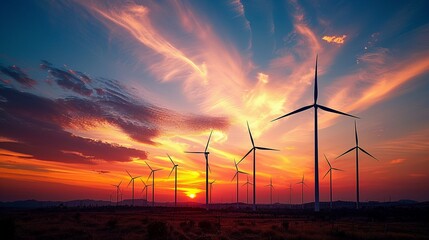 Silhouettes of windmills at sunset, symbolizing sustainable energy and innovation The backdrop of the setting sun creates a dramatic and hopeful scene for the future of our planet - obrazy, fototapety, plakaty