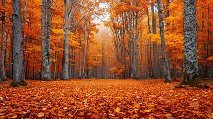 An autumn forest, with leaves turning golden and red, casting a serene and warm ambiance over the landscape The forest floor is carpeted with fallen leaves, adding to the seasons charm - obrazy, fototapety, plakaty