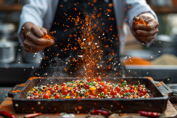 A culinary competition challenging chefs to create innovative dishes using a mystery box of diverse and exotic spices. Concept of spice-inspired culinary challenges. Generative Ai.