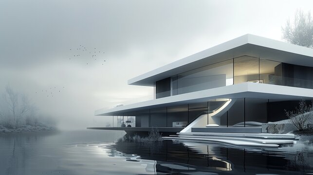 a house on a lake and a foggy sky