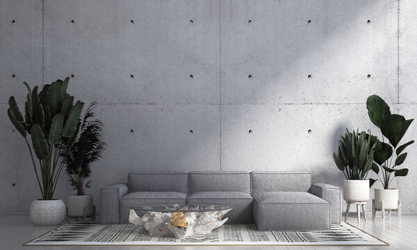 The modern living room idea design and concrete wall background and white wooden floor. 3d rendering.
