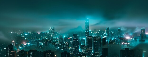 a cityscape with a lot of tall buildings at night time with lights on them - obrazy, fototapety, plakaty