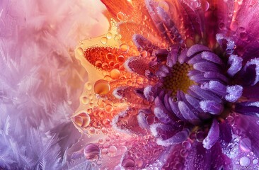 Ethereal beauty: close-up of vibrant flowers adorned with delicate ice crystals