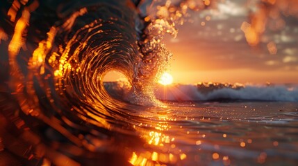 a tunnel of oean wave water with a setting sun in the distance with fondal