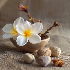 Frangipani flowers on stems, bergamot flower , nutmeg, patchouli. - obrazy, fototapety, plakaty