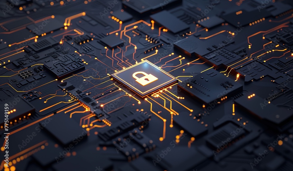 Poster high security chip on a printed circuit board: concept of encryption and data protection