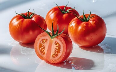 A vibrant 3D image of four vibrant large red tomatoes on a clean white background. One of the tomatoes is artfully cut in half, revealing the bright red flesh inside