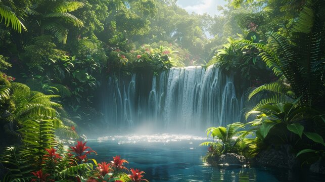 Majestic jungle waterfall  vivid nature in ultrarealistic high resolution photography