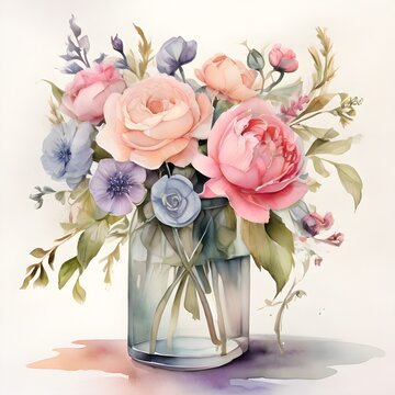 romantic spring blooms in a jar, a vibrant and cheerful painting of flowers.