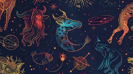 a colorful pattern of zodiac signs and stars on a dark background
