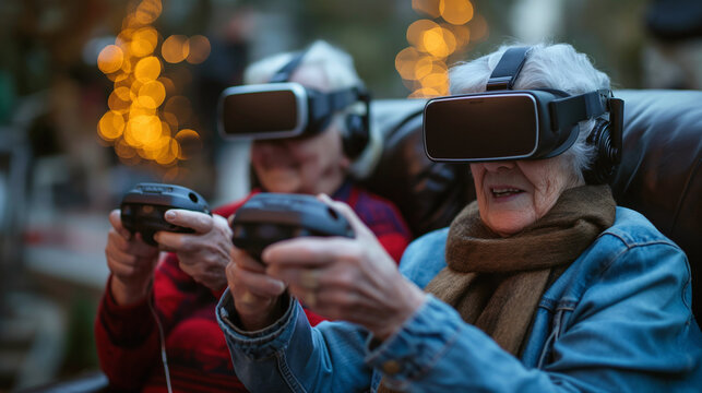 Elderly couple, a man and a woman, sitting at home, play an online game in virtual reality helmets. Seniors have fun playing internet games. - Powered by Adobe