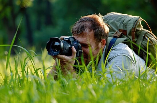 A handsome photographer is lying on the ground, holding his camera and taking photos of wildlife in nature.
