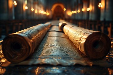 Torah Scrolls Safely Housed in a Softly Lit Ark The sacred text blurs slightly