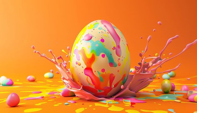 Bright holiday: colorful splashes of paint on Easter eggs on a warm orange background
