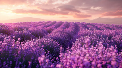 Fototapeta premium High angle view of a blooming lavender field, calming, natural palette, desktop wallpaper