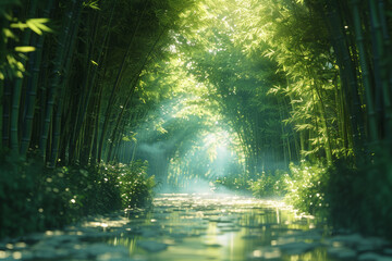 A dense bamboo grove creating a serene labyrinth of greenery, illustrating the resilience and...