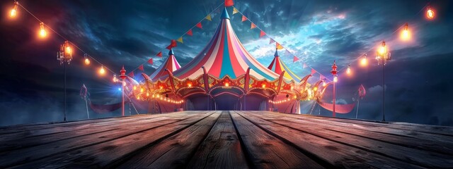 red bridge at night,Circus tent against the sky in evening. Circus poster, poster. World Circus Day. Generated by artificial intelligence