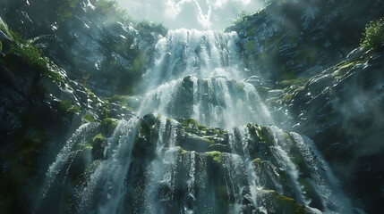 A majestic waterfall cascading down moss-covered rocks