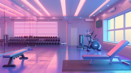 Interior of an empty modern gym with sports equipment. The concept of a healthy lifestyle and taking care of your body. Fitness, workout, background for advertising. - 775151503