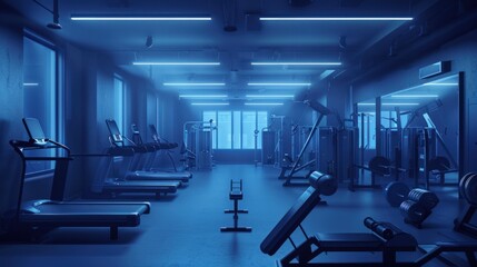 Interior of an empty modern gym with sports equipment. The concept of a healthy lifestyle and taking care of your body. Fitness, workout, background for advertising. - 775151507