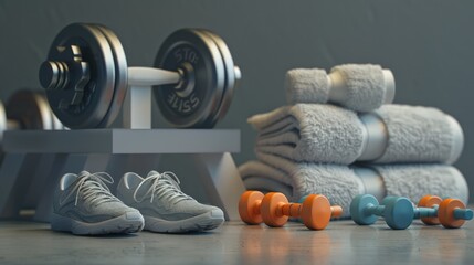 Interior of an empty modern gym with sports equipment. The concept of a healthy lifestyle and taking care of your body. Fitness, workout, background for advertising.