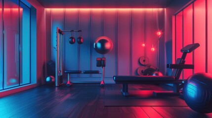 Interior of an empty modern gym with sports equipment. The concept of a healthy lifestyle and taking care of your body. Fitness, workout, background for advertising. - 775151599