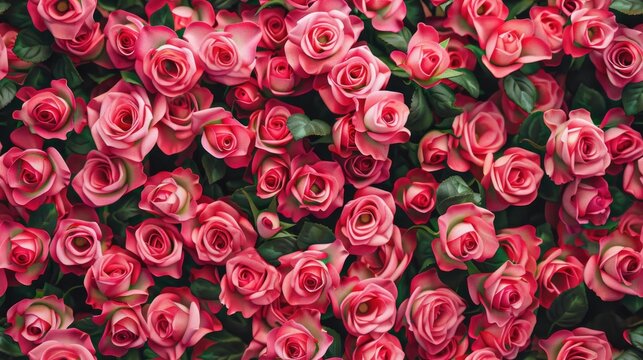 many pink roses arranged flat against a background, perfect for high-angle, top-down, and wide-angle photography capturing their delicate petals and vibrant colors. SEAMLESS PATTERN