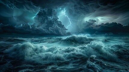 Dramatic hyper realistic image  turbulent waves and lightning in high resolution ocean thunderstorm