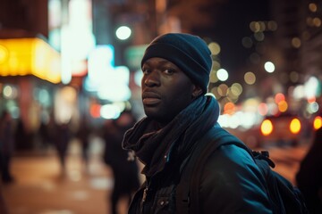 Portrait of a handsome african american man in the city at night.