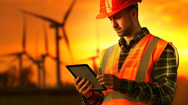 An engineer in special clothing and a high-visibility vest examines a tablet with a picture of wind turbines in the background.