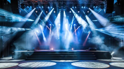 Concert empty stage with rays of light from spotlights. Dancing area, night club, bright neon colors. Stage for events with clouds and fog. - 775151903