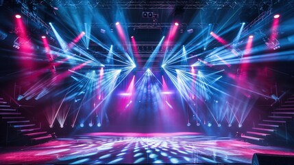 Concert empty stage with rays of light from spotlights. Dancing area, night club, bright neon colors. Stage for events with clouds and fog. - 775151922