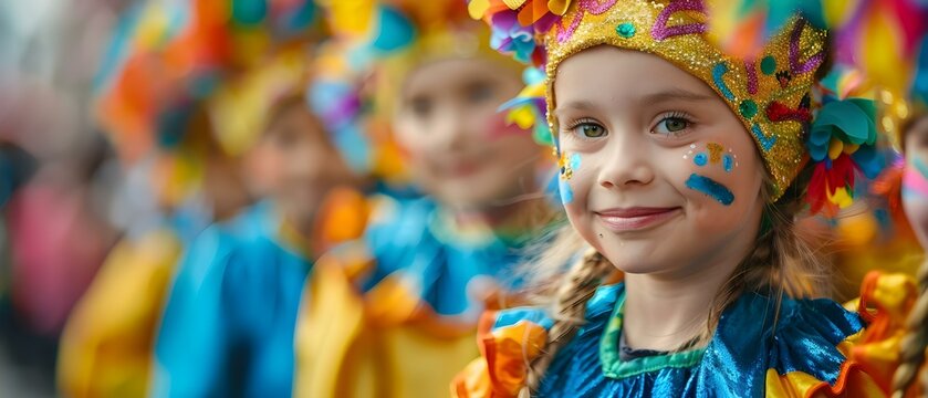 Kids in vibrant outfits parading in a Mardi Gras procession. Concept Cultural Celebrations, Vibrant Costumes, Parade Photography, Kids' Events, Festive Atmosphere