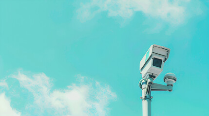 camera for security purposes ,IP Camera on the wall. security camera on the wall ,CCTV security cameras on pole on blue sky with white clouds background
 - obrazy, fototapety, plakaty