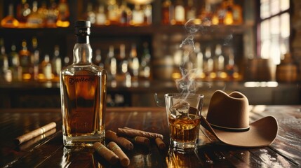 whiskey bottle on a wooden bar - obrazy, fototapety, plakaty