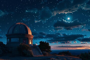 Fototapeta na wymiar Cosmic Exploration at Dusk: Observatory and Stars