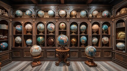 An empty room with a wall showcasing a collection of antique globes from different periods. - obrazy, fototapety, plakaty