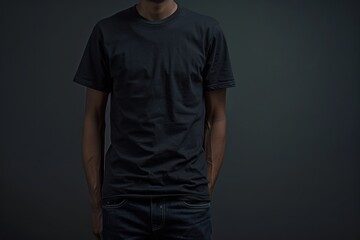 Man in Plain Black T-Shirt on Dark Background, Front View