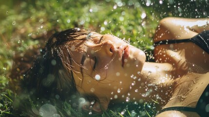 young woman lying in her garden, water falling on her under the sun in high resolution and high quality. rain concept