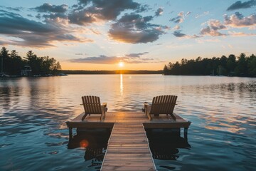 Serene Lake Sunset with Empty Chairs on Dock