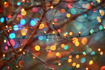 Obraz na płótnie Canvas Festive Sparkle, Tree Branches Adorned with Multicolored Lights, Bokeh Effect