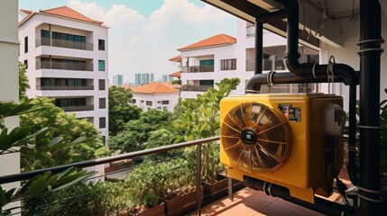 Hanging Air compressor at the balcony of rooms in Condominium, works by The coil controls the evaporation