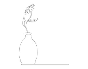 Continuous one line drawing of romantic rose flower on vase. One line of flower in vase. Rose flower continuous line art. Editable outline