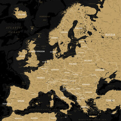 Europe - Highly Detailed Vector Map of the Europe. Ideally for the Print Posters. Black Golden Retro Style
