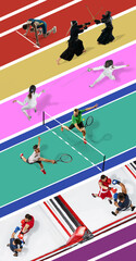 Creative colorful collage. Aerial view of different people, athletes of various sports training, playing on multicolored arena. Concept of sport, creativity, competition, tournament. - 775154384